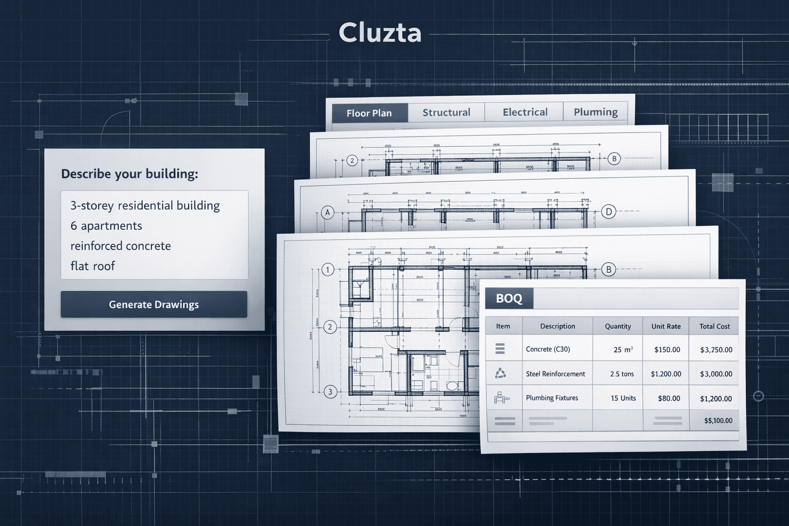 Cluzta AI — describe your building and generate floor plans, structural, electrical, plumbing drawings and BOQ