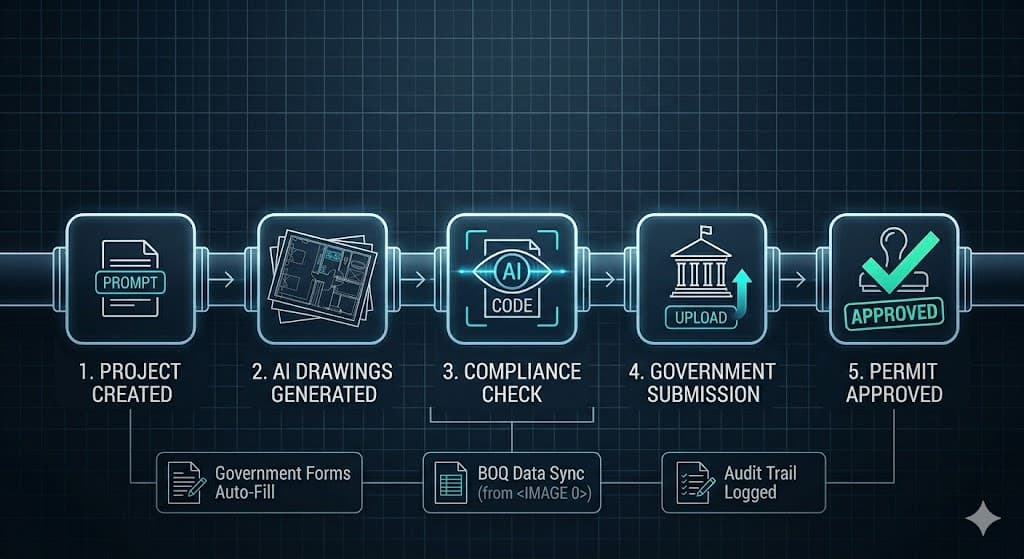Cluzta workflow — Project Created, AI Drawings Generated, Compliance Check, Government Submission, Permit Approved